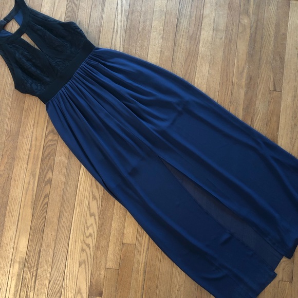 BCBGeneration Evening Dress Maxi Black Lace Top & Navy Sheer Overlay Size 0 - Picture 1 of 8